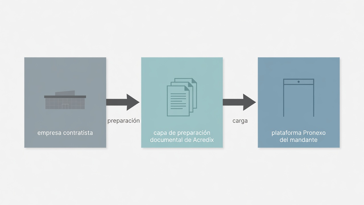 Diagrama que muestra al contratista preparando y validando documentos antes de cargarlos en la plataforma Pronexo del mandante.