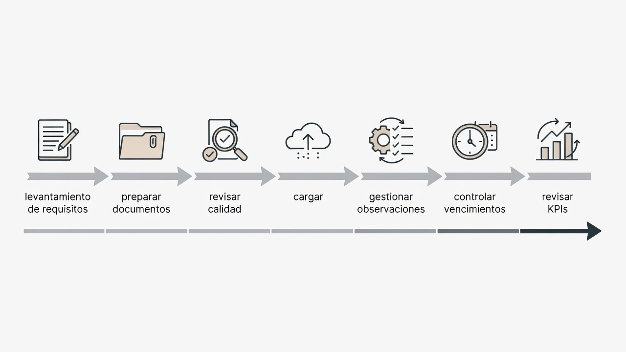 Secuencia de siete pasos para acreditar documentos en Pronexo desde el levantamiento de requisitos hasta la revisión de indicadores.