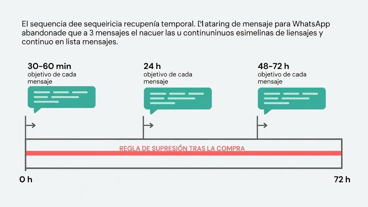 Línea de tiempo de tres mensajes de WhatsApp para recuperar un carrito abandonado.