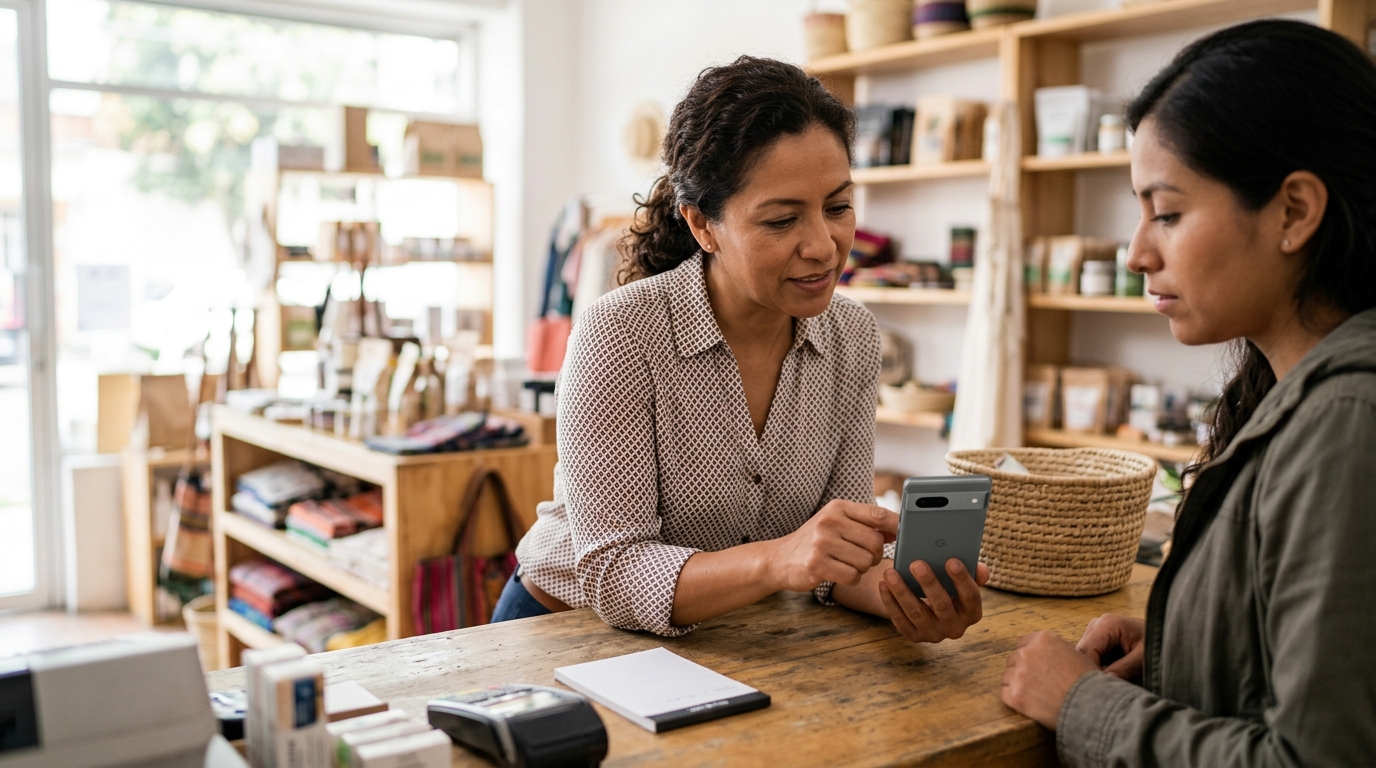 Dueño de una pequeña tienda atendiendo una conversación de ventas por WhatsApp