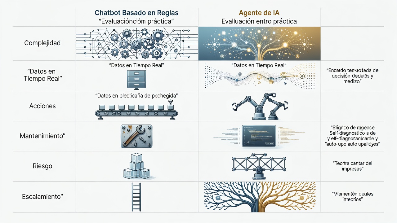 Criterios para elegir entre chatbot de reglas y agente de inteligencia artificial.