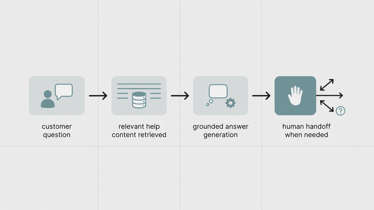 Diagram showing a knowledge base chatbot retrieving help content before answering a customer.