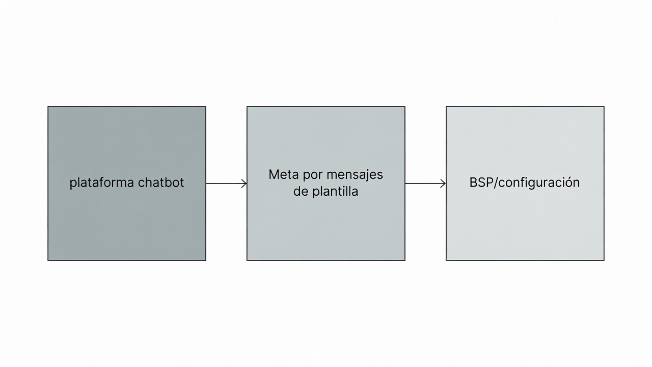 Diagrama de las tres capas del costo de un chatbot de WhatsApp: plataforma, tarifas de Meta y BSP o configuración.