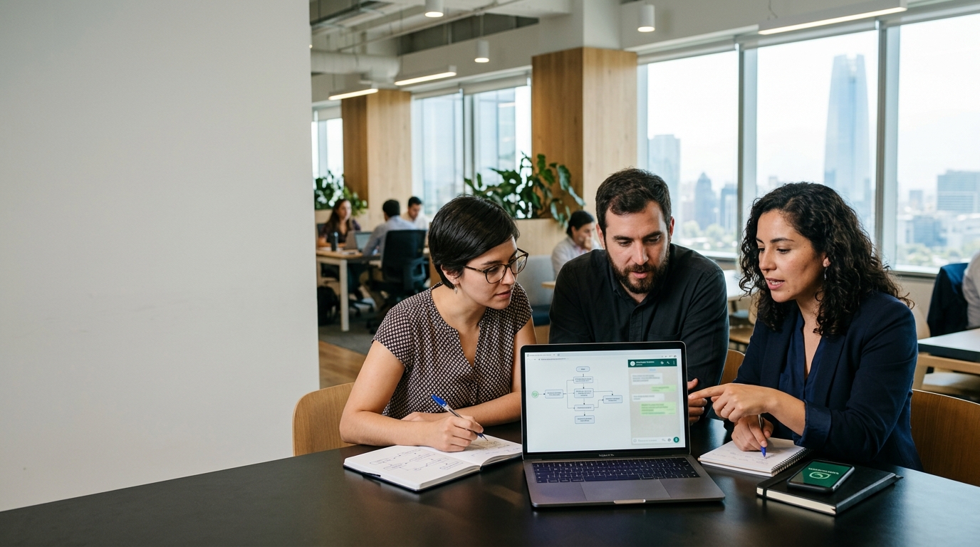 Equipo de una empresa chilena planificando un chatbot en WhatsApp desde una oficina