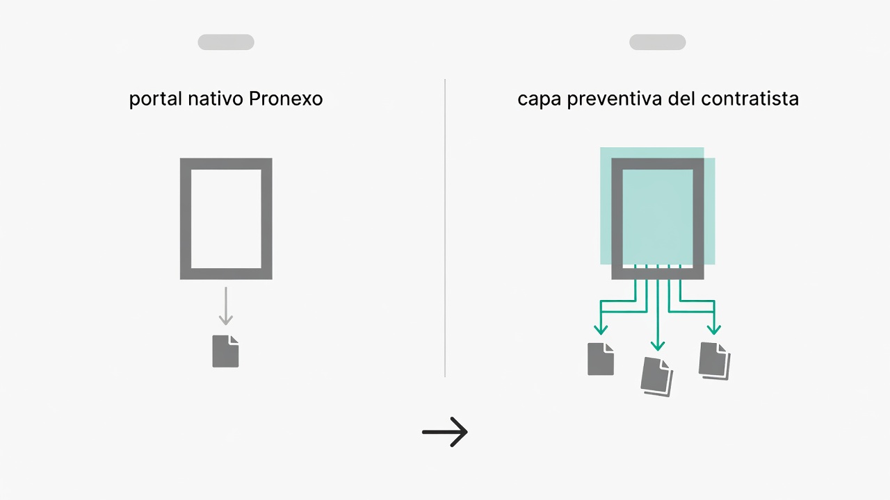 Comparación conceptual entre gestionar cargas directamente en Pronexo y aplicar una capa preventiva de control documental del contratista.