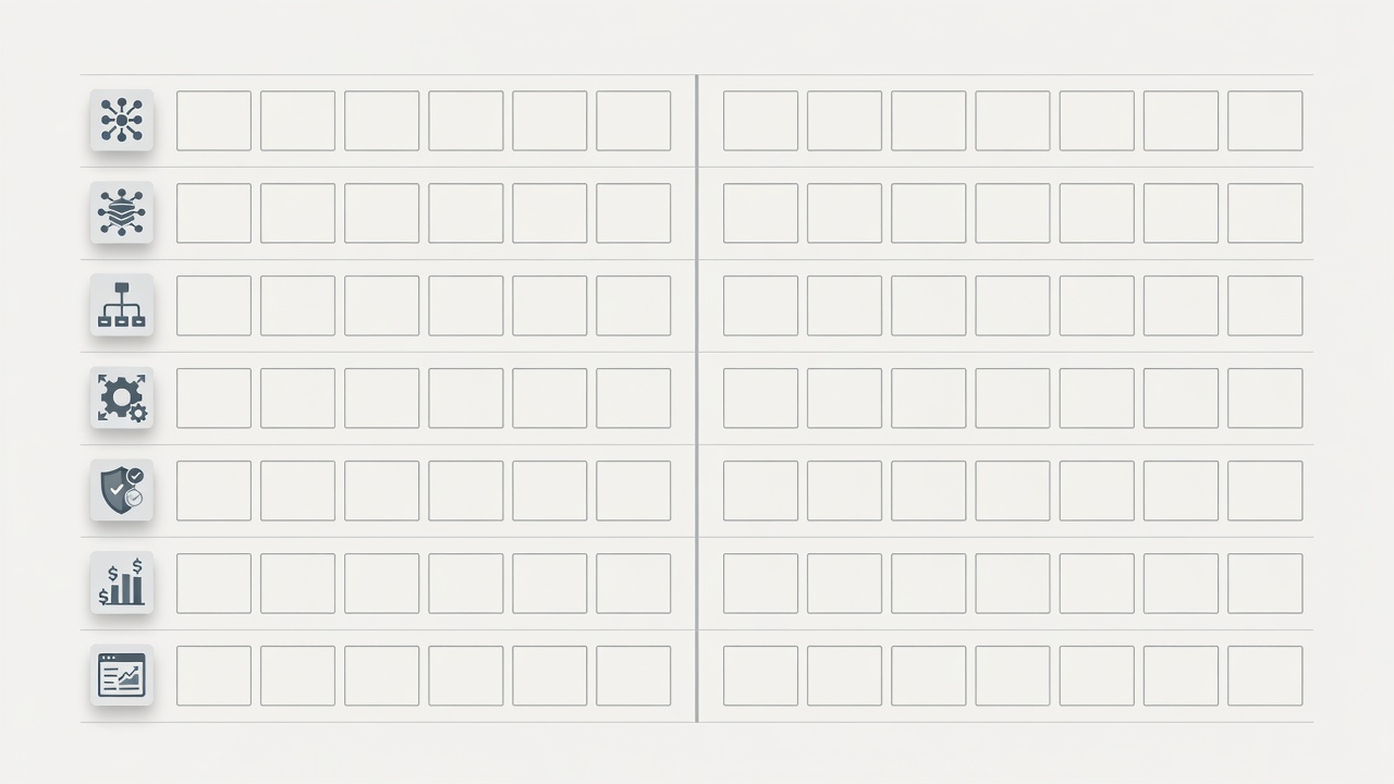 Neutral chatbot evaluation matrix comparing channels, knowledge, handoff, actions, compliance, pricing and reporting criteria.