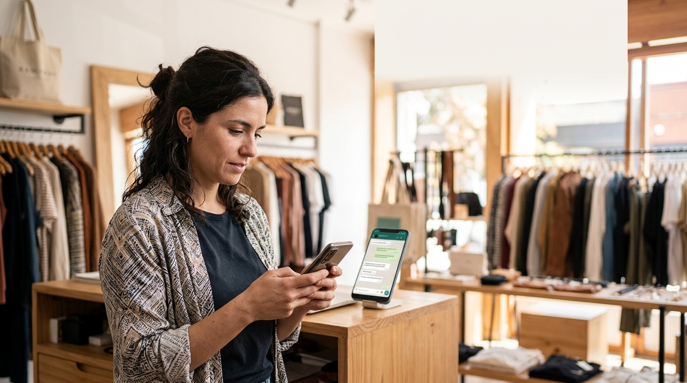 Dueño de una tienda online chilena gestionando conversaciones de clientes desde un teléfono móvil
