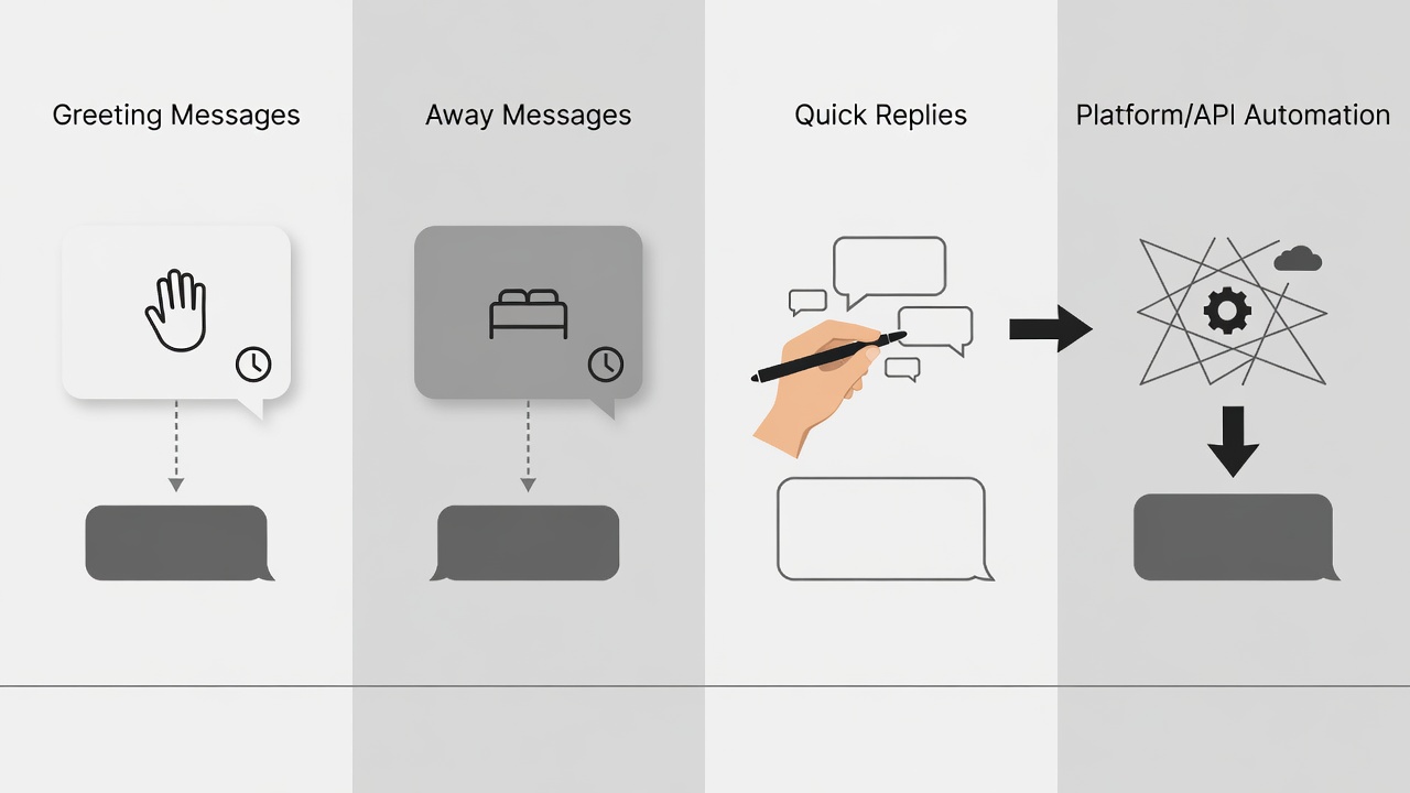 Comparison diagram showing WhatsApp Business App greeting and away messages, manual quick replies, and advanced Platform/API automation.