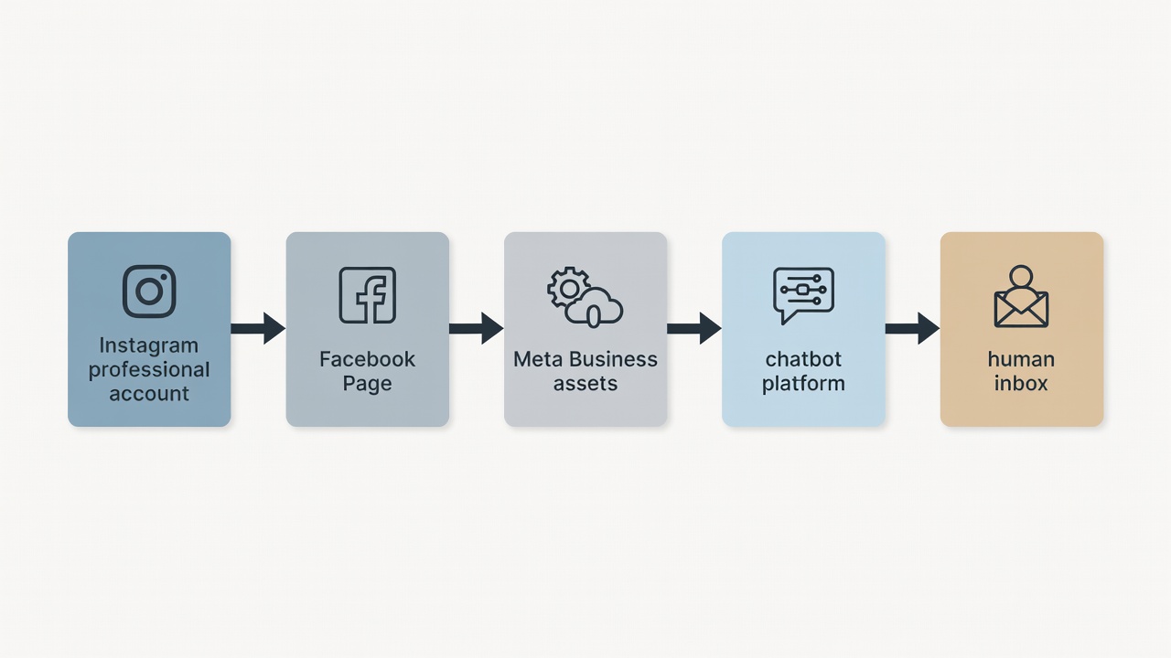 Process diagram showing the generic prerequisites for connecting an Instagram chatbot to Meta business assets.
