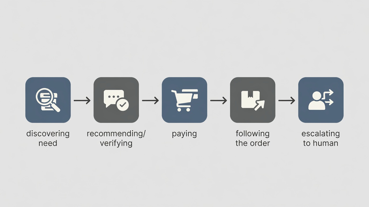 Flujo de un chatbot ecommerce desde la consulta del producto hasta el pago, seguimiento y atención humana.