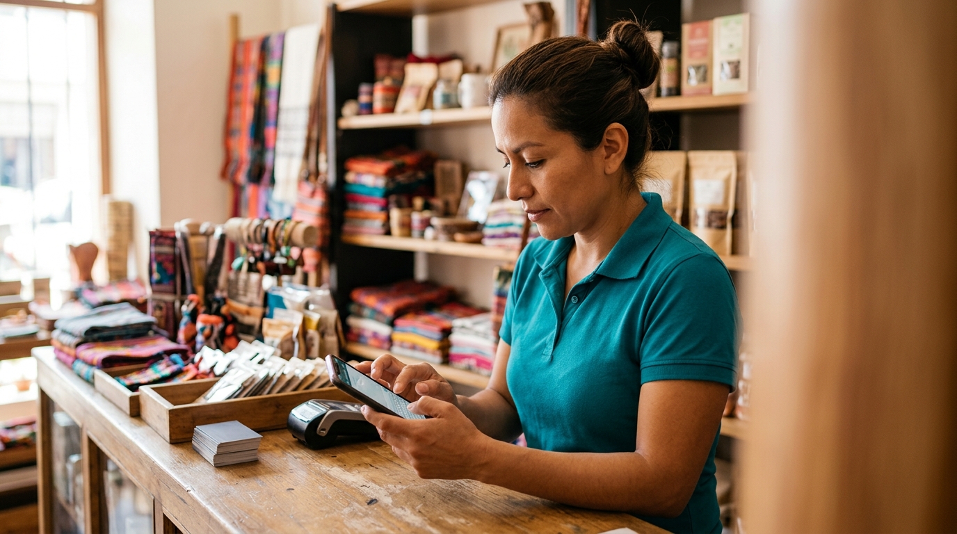 Persona de una pequeña empresa usando WhatsApp Business en su teléfono
