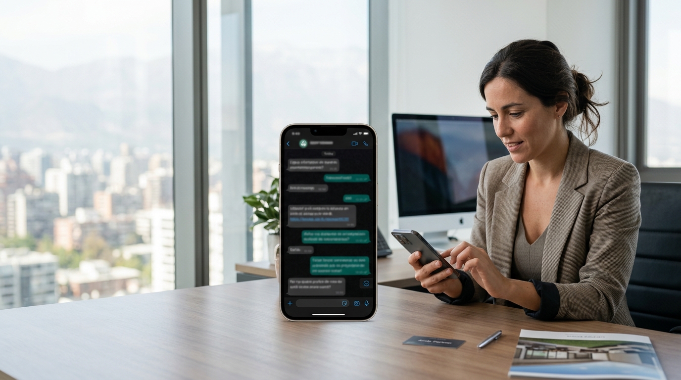 Ejecutivo inmobiliario gestionando consultas de clientes desde un chatbot en su teléfono