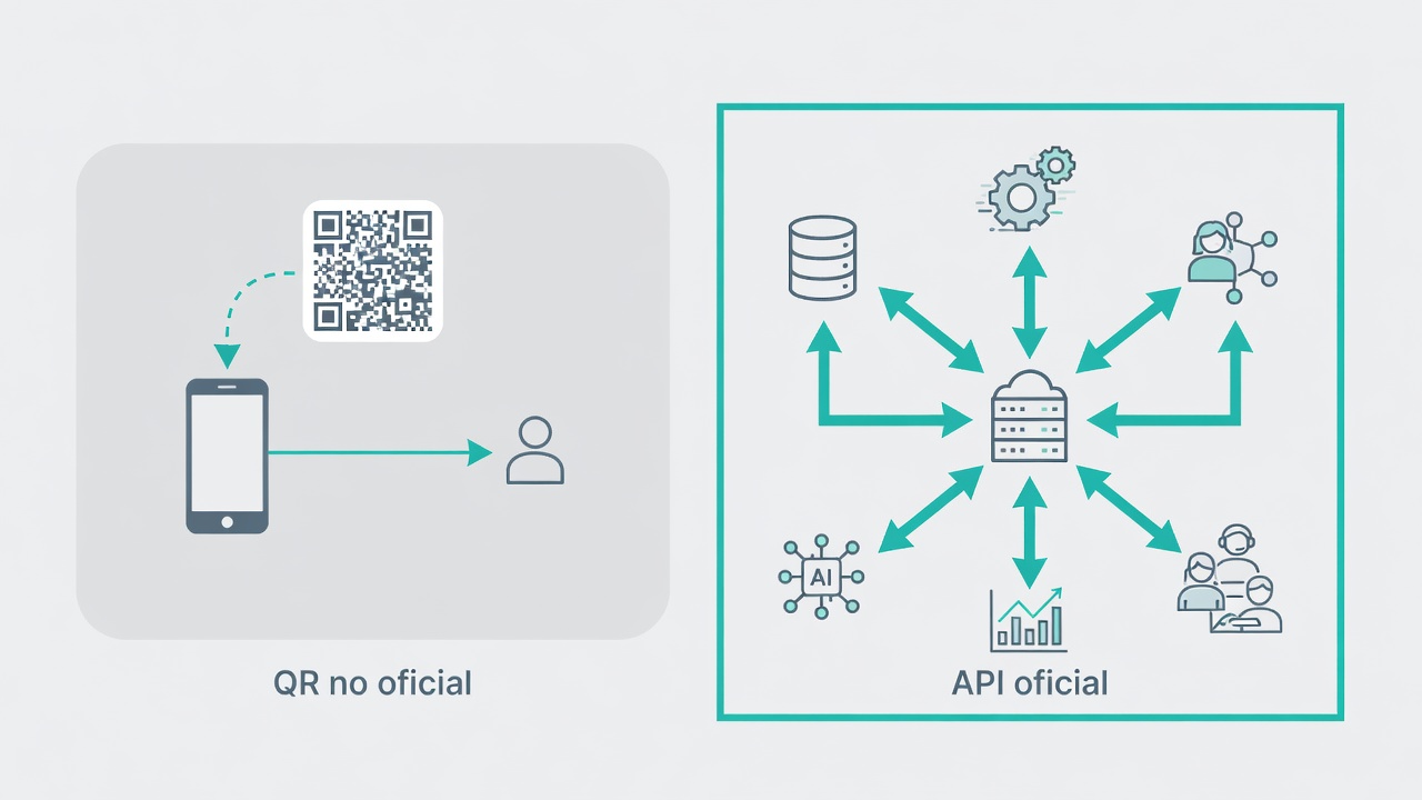 Diagrama comparativo entre conexión QR no oficial y API oficial para gestionar WhatsApp multiagente.