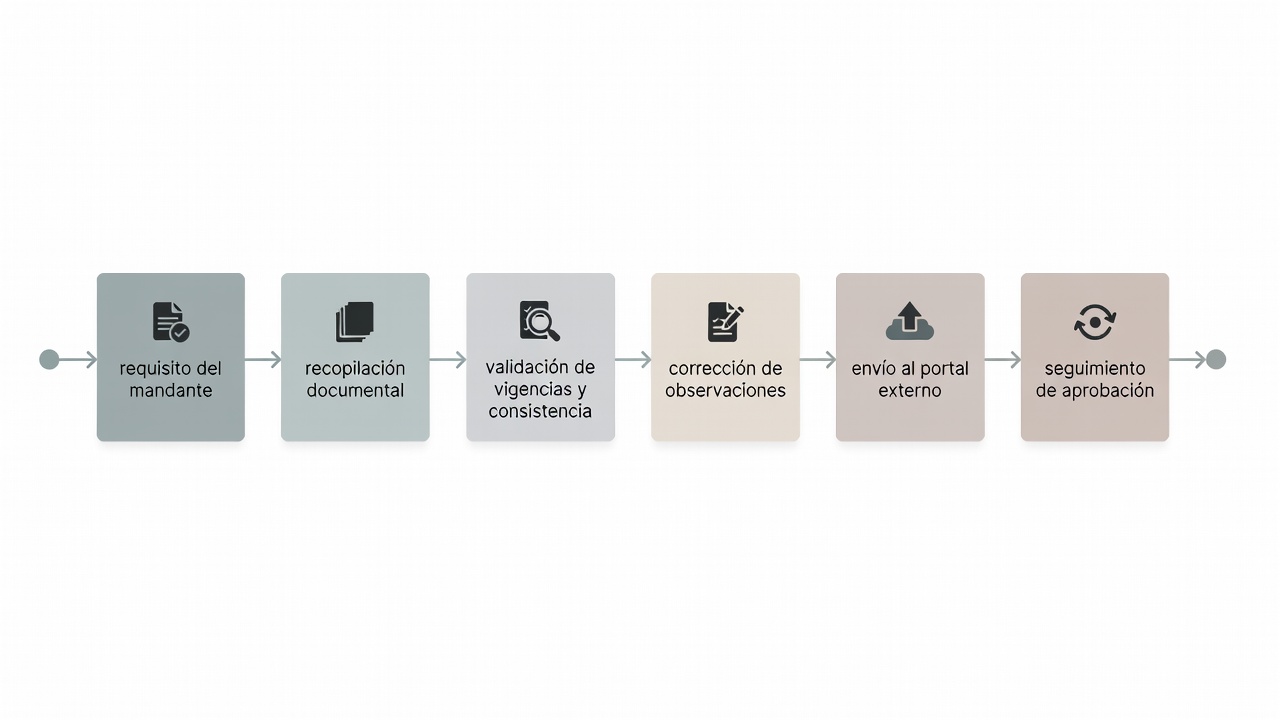 Diagrama del proceso de preparación, validación y envío de documentos de un contratista a un portal externo de acreditación.