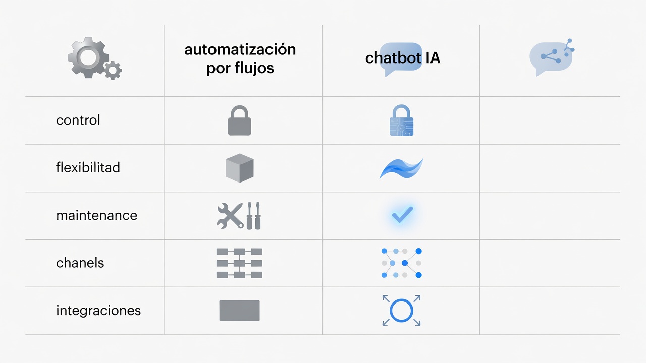 Matriz comparativa de flujos automatizados y chatbots IA por control, flexibilidad, mantenimiento, canales e integraciones.