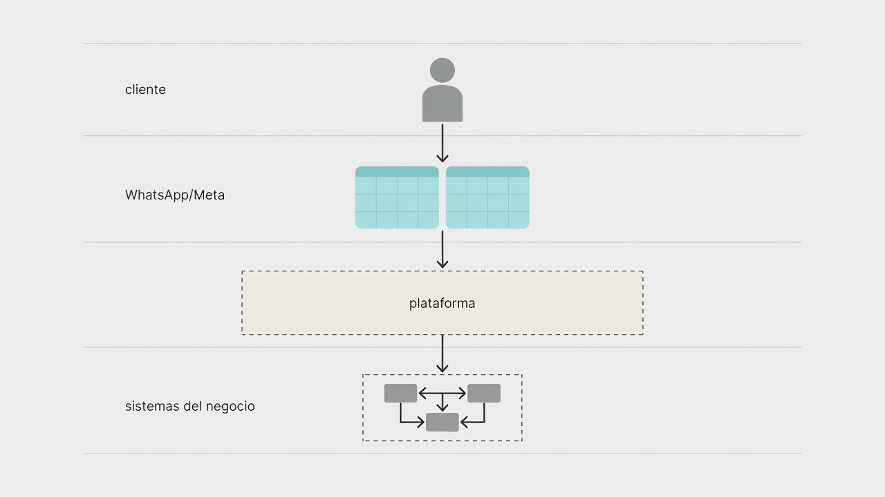 Diagrama de las capas de costo de un chatbot de WhatsApp: plataforma, tarifas de Meta, implementación e integraciones.