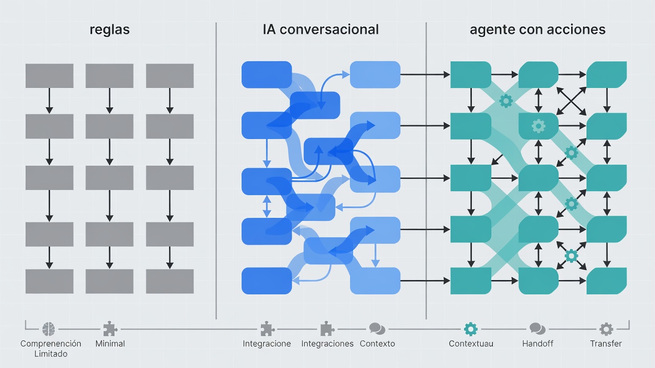Comparación entre chatbot de reglas, chatbot con IA conversacional y agente de IA con acciones.