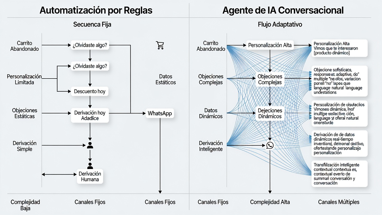 Comparación entre un flujo fijo de mensajes y un agente de IA para recuperar carritos por WhatsApp.