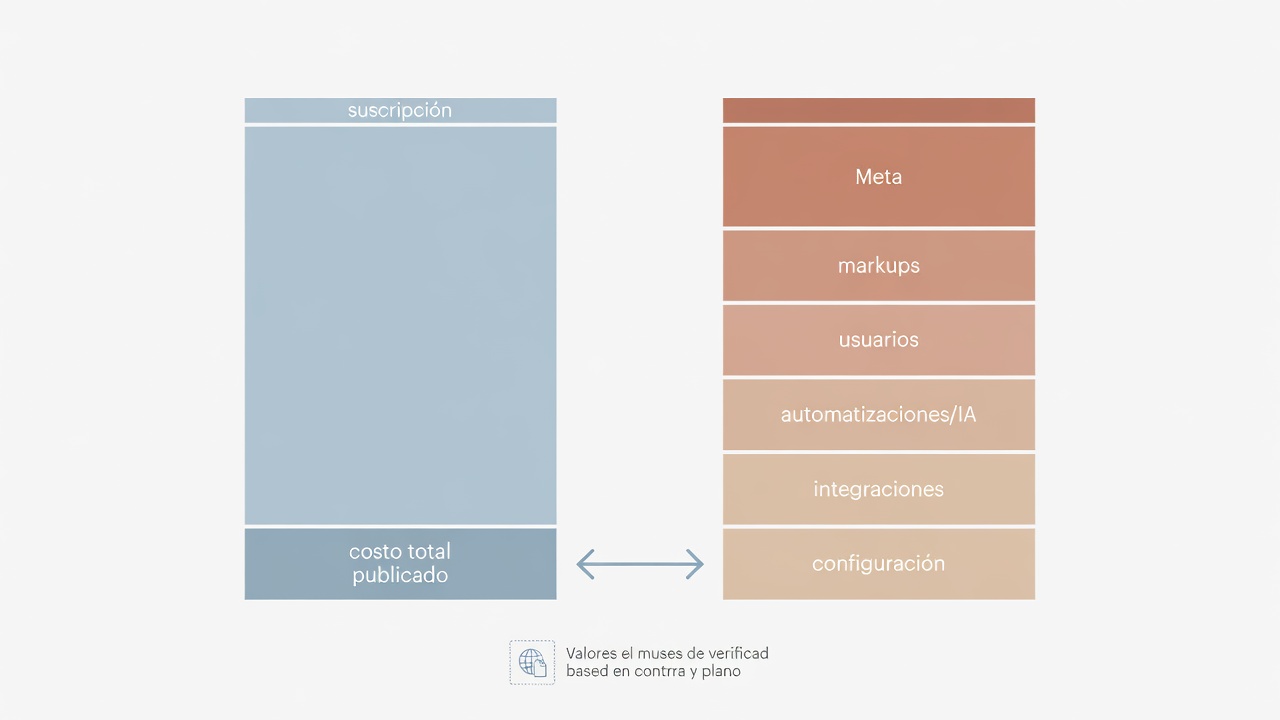 Diagrama conceptual de las capas que componen el costo total de una plataforma de WhatsApp y automatización.
