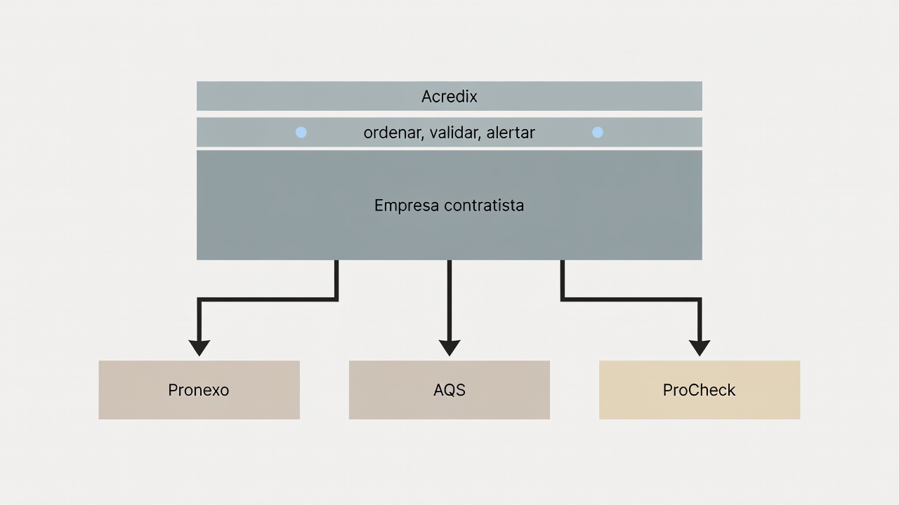 Diagrama que muestra a Acredix como capa previa de preparación documental entre la empresa contratista y plataformas externas como Pronexo, AQS y ProCheck.