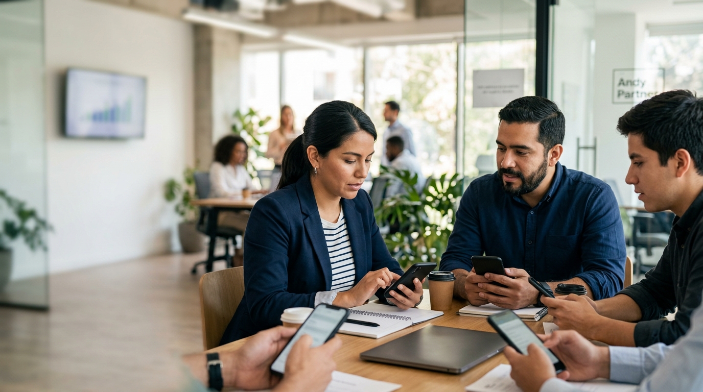 Equipo de una pyme gestionando conversaciones de clientes desde WhatsApp en una oficina