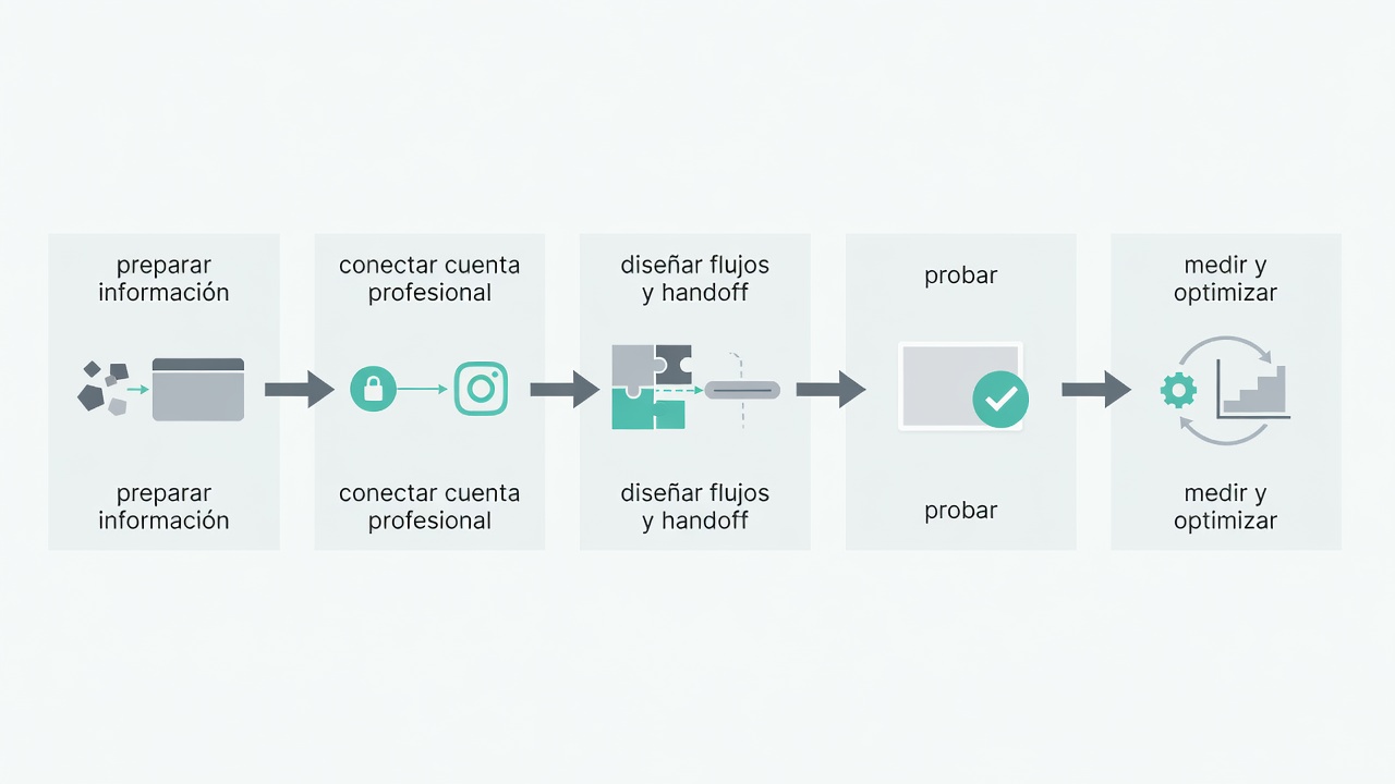 Cinco pasos para implementar un chatbot de Instagram en una pyme: preparar, conectar, diseñar, probar y medir.