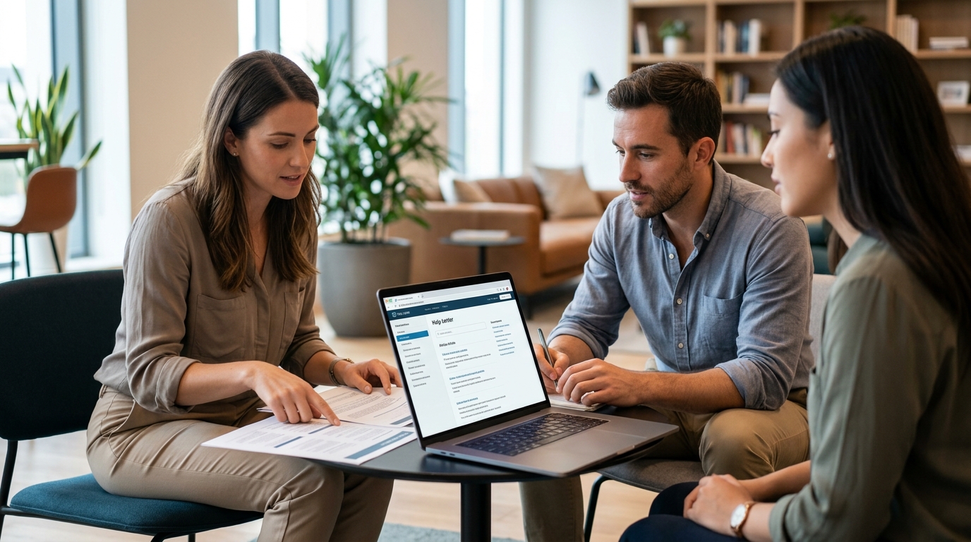 Customer support team reviewing help articles and a chatbot conversation on a laptop