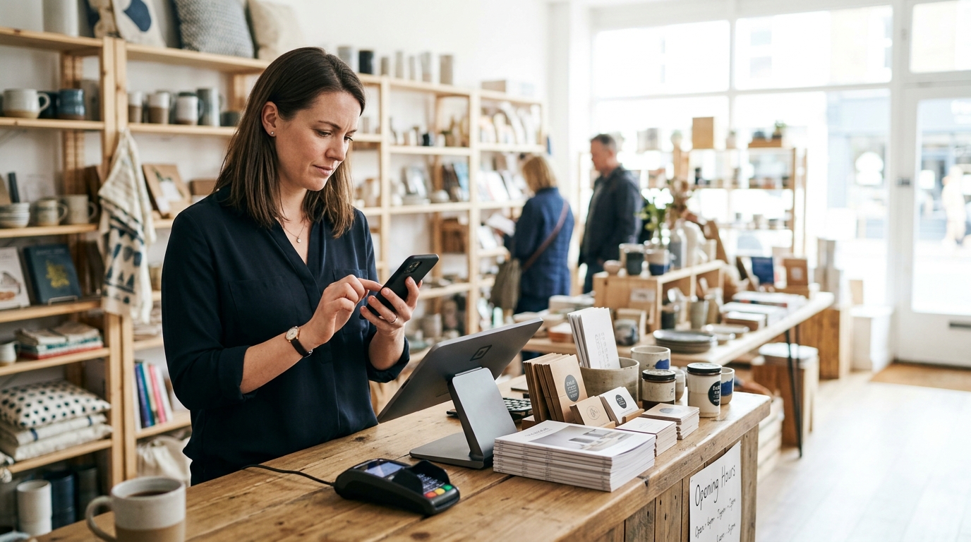 Small business owner managing customer WhatsApp messages on a smartphone