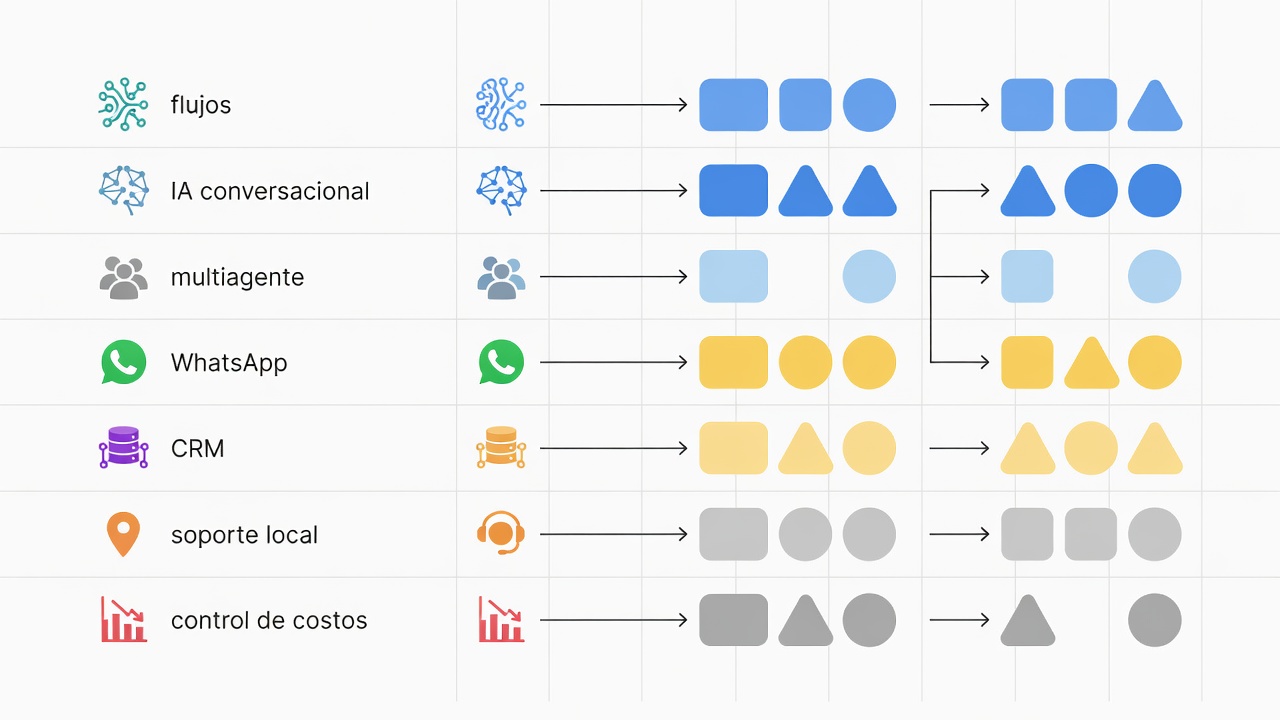 Matriz de criterios para comparar chatbots de Instagram según automatización, IA, canales, CRM y soporte.