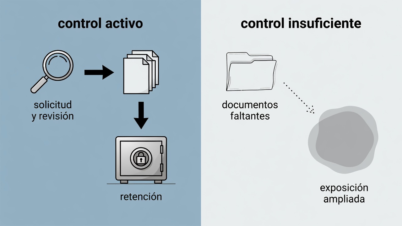Comparación conceptual entre control activo de subcontratistas y mayor exposición por falta de información y retención.