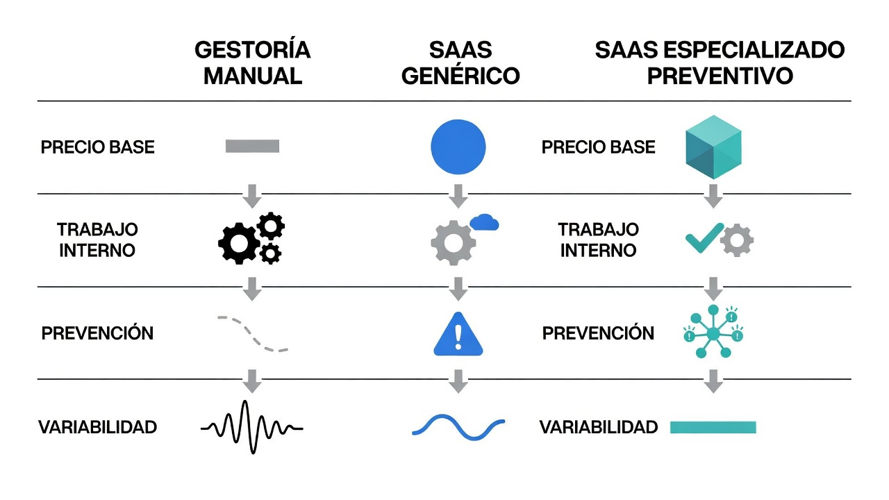 Matriz comparativa de modelos de precio para acreditación de contratistas: gestoría manual, SaaS genérico y SaaS especializado preventivo.