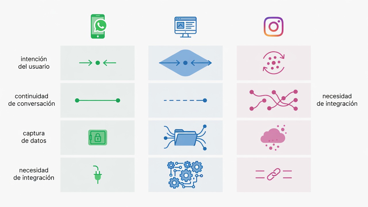 Comparación conceptual de WhatsApp, sitio web e Instagram como canales para un chatbot universitario.