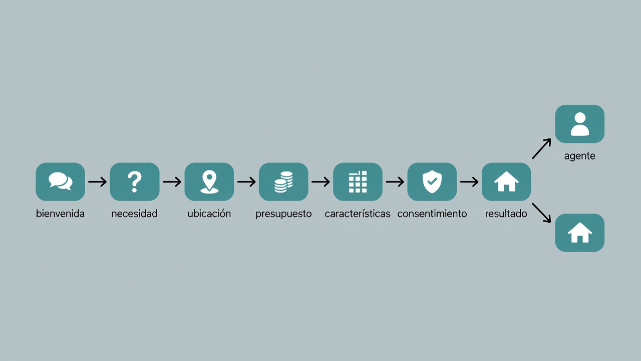 Secuencia de conversación de un chatbot inmobiliario desde la bienvenida hasta la recomendación o derivación a un agente.