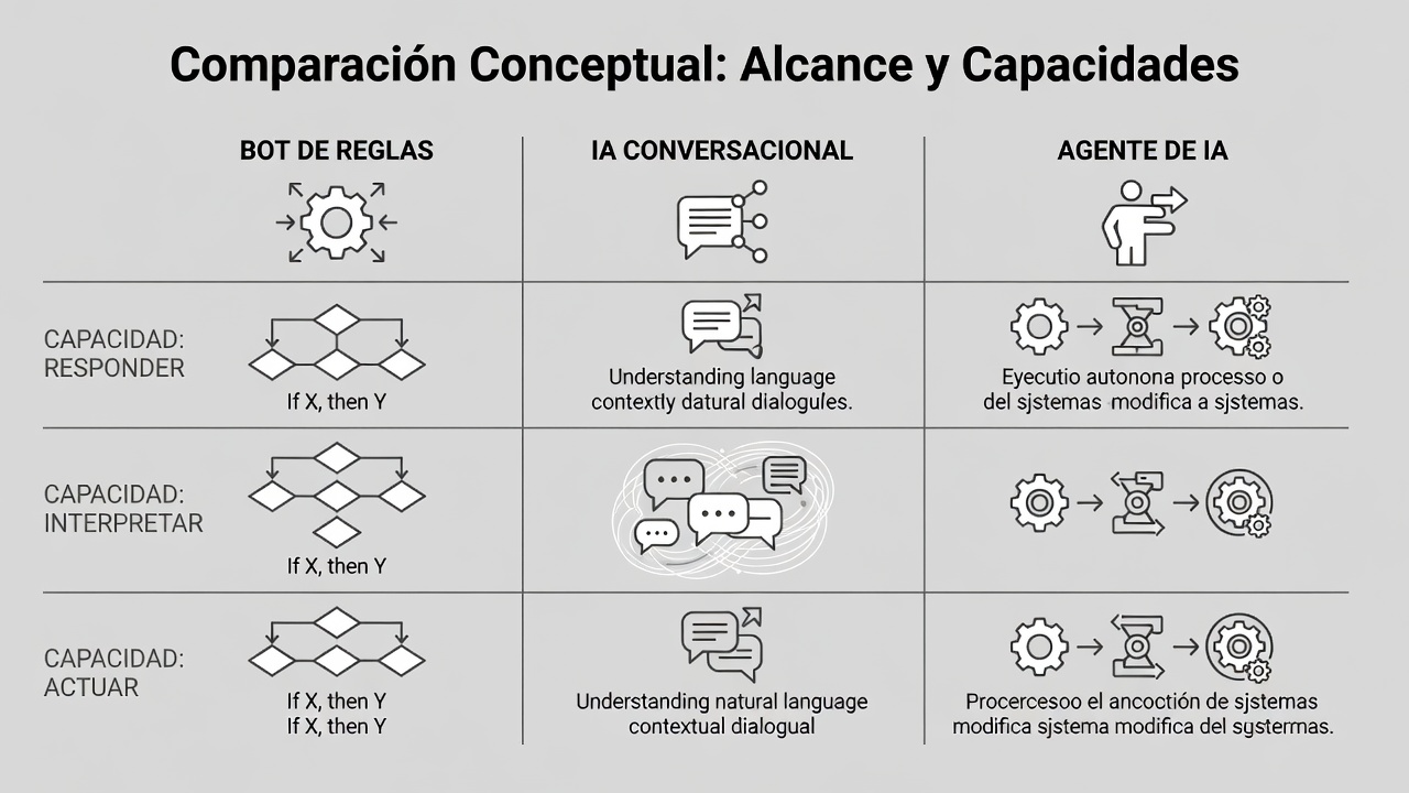 Comparación conceptual entre bot de reglas, IA conversacional y agente de IA.