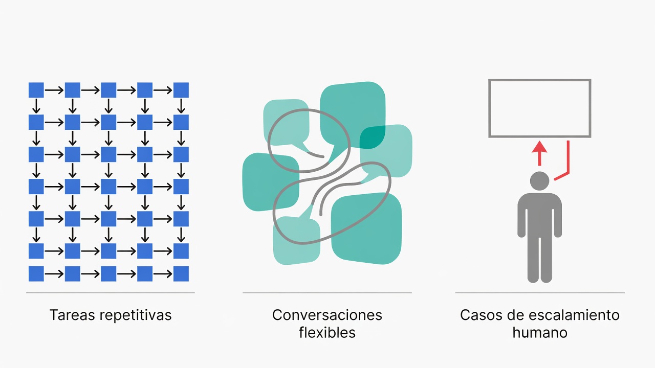 Comparación visual de tareas para bot de reglas, agente de IA y ejecutivo de cobranza.