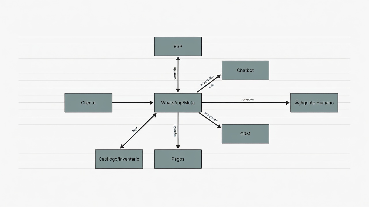 Arquitectura de un chatbot de ventas conectado con WhatsApp, CRM, inventario, pagos y agentes humanos.