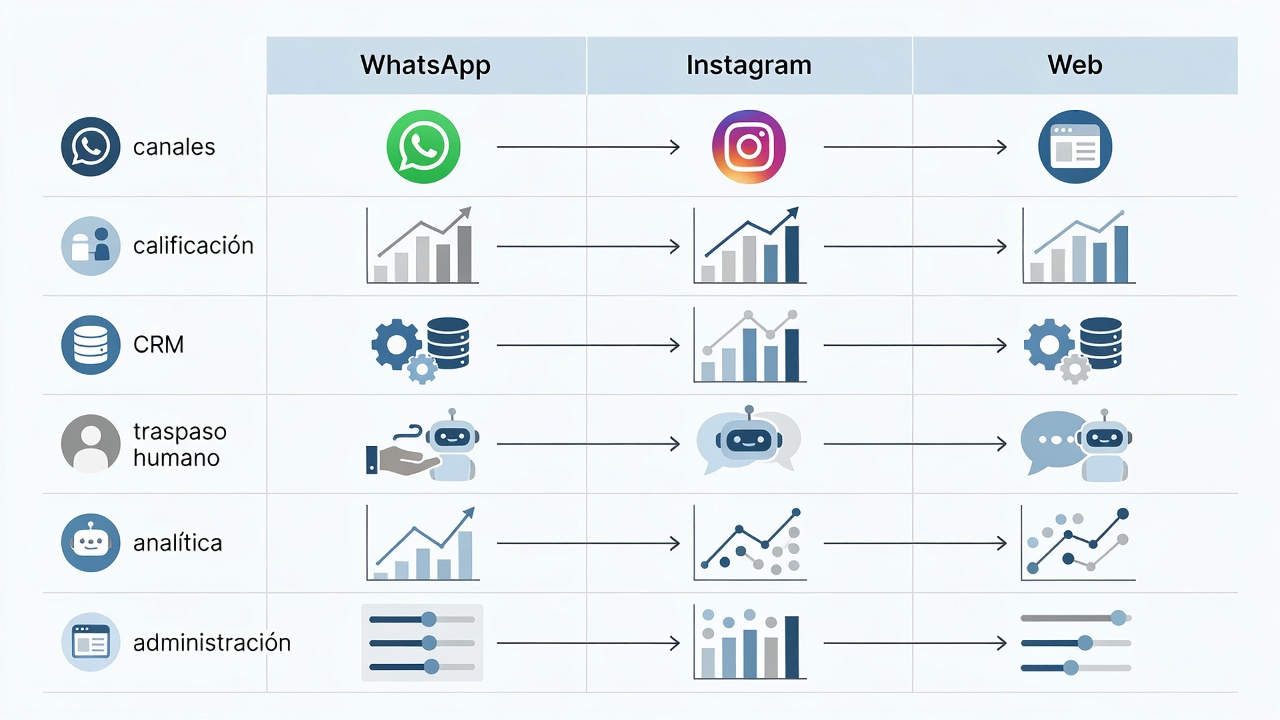 Matriz de criterios para comparar chatbots inmobiliarios por canales, calificación, CRM, traspaso, analítica y administración.