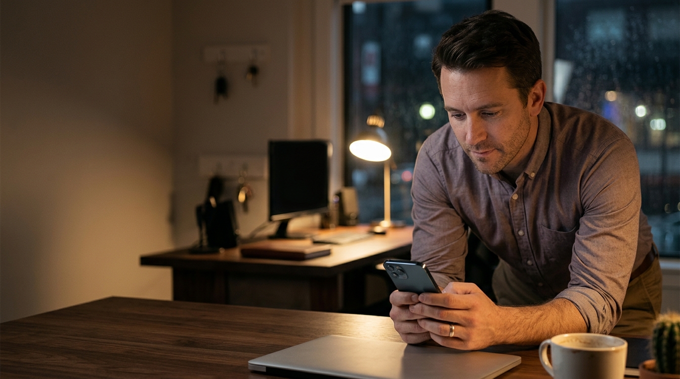 Small business owner checking an after-hours WhatsApp Business message on a smartphone