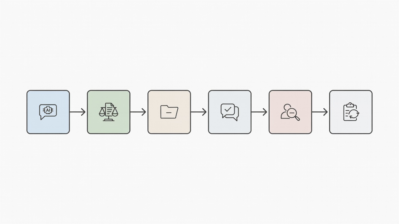 Flow diagram showing AI disclosure, data minimisation, scoped answer, human escalation and review steps.