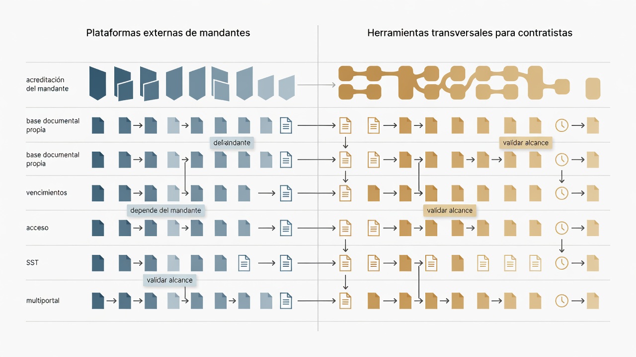 Matriz conceptual para comparar necesidades de acreditación, documentación, acceso y control multiportal.