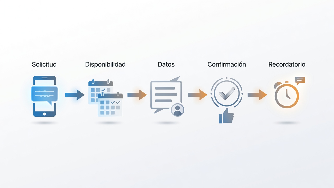 Diagrama del flujo de una reserva por WhatsApp, desde la solicitud del cliente hasta los recordatorios.