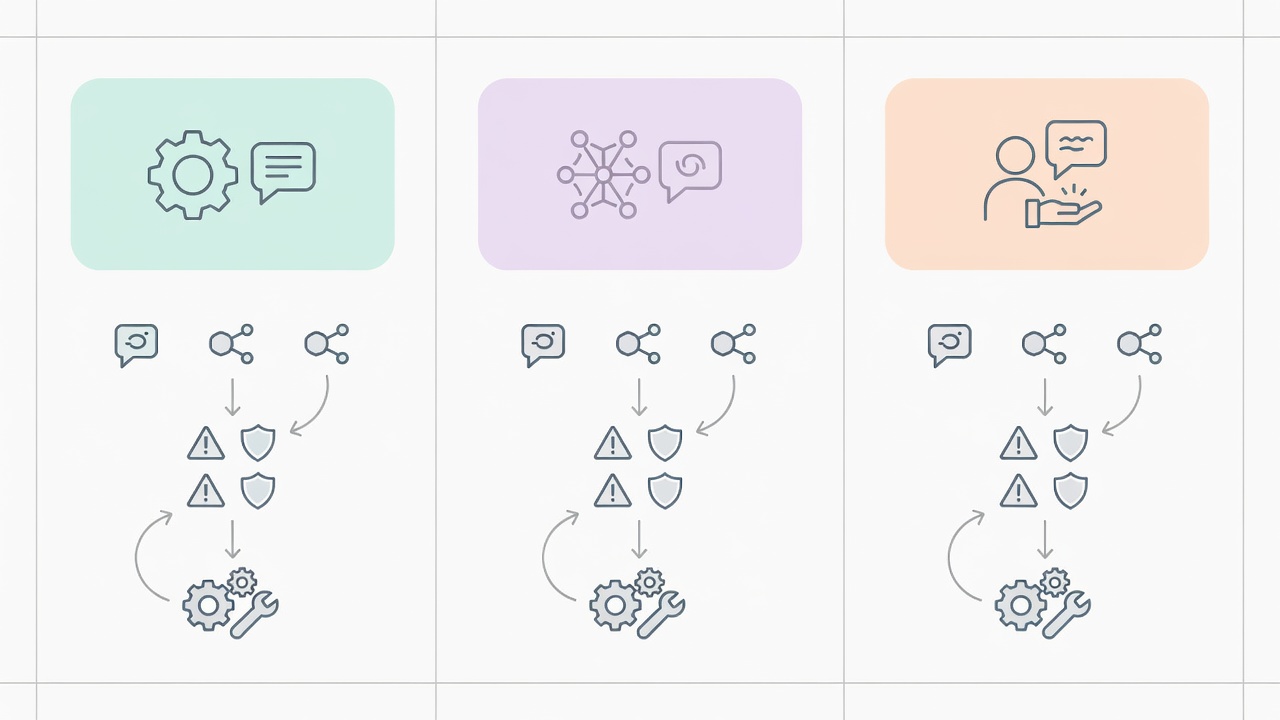 Decision diagram comparing rule-based chatbot, AI agent, and human support for common small-business Instagram tasks.