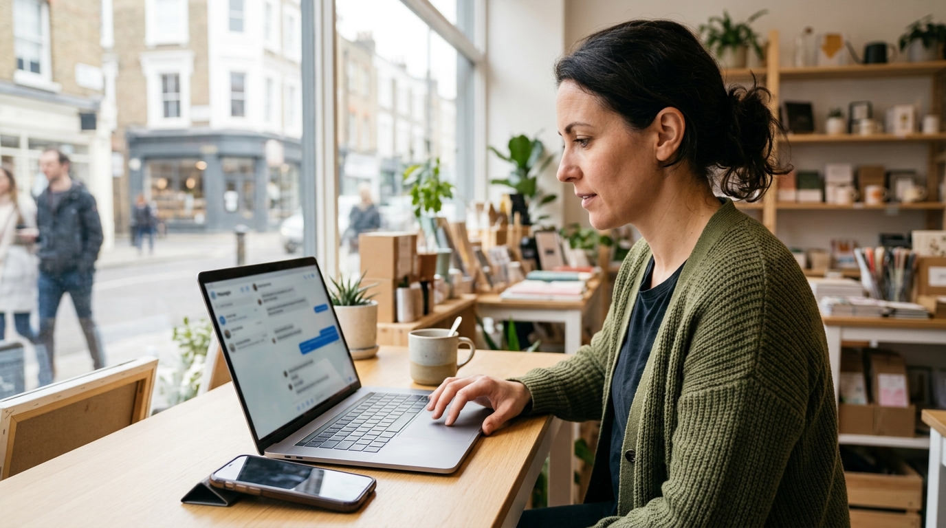 Small business owner managing Instagram customer messages on a laptop and smartphone
