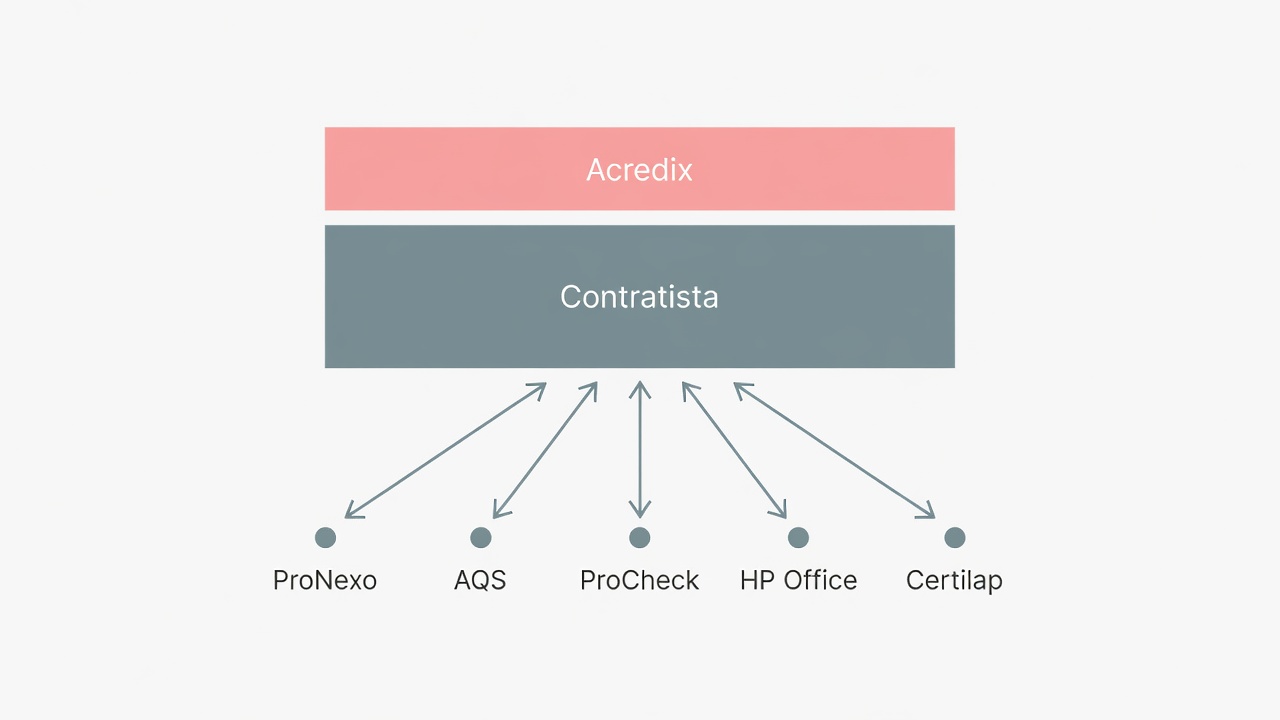 Diagrama de una contratista salmonera que usa Acredix para preparar documentación antes de enviarla a plataformas externas de distintos mandantes.