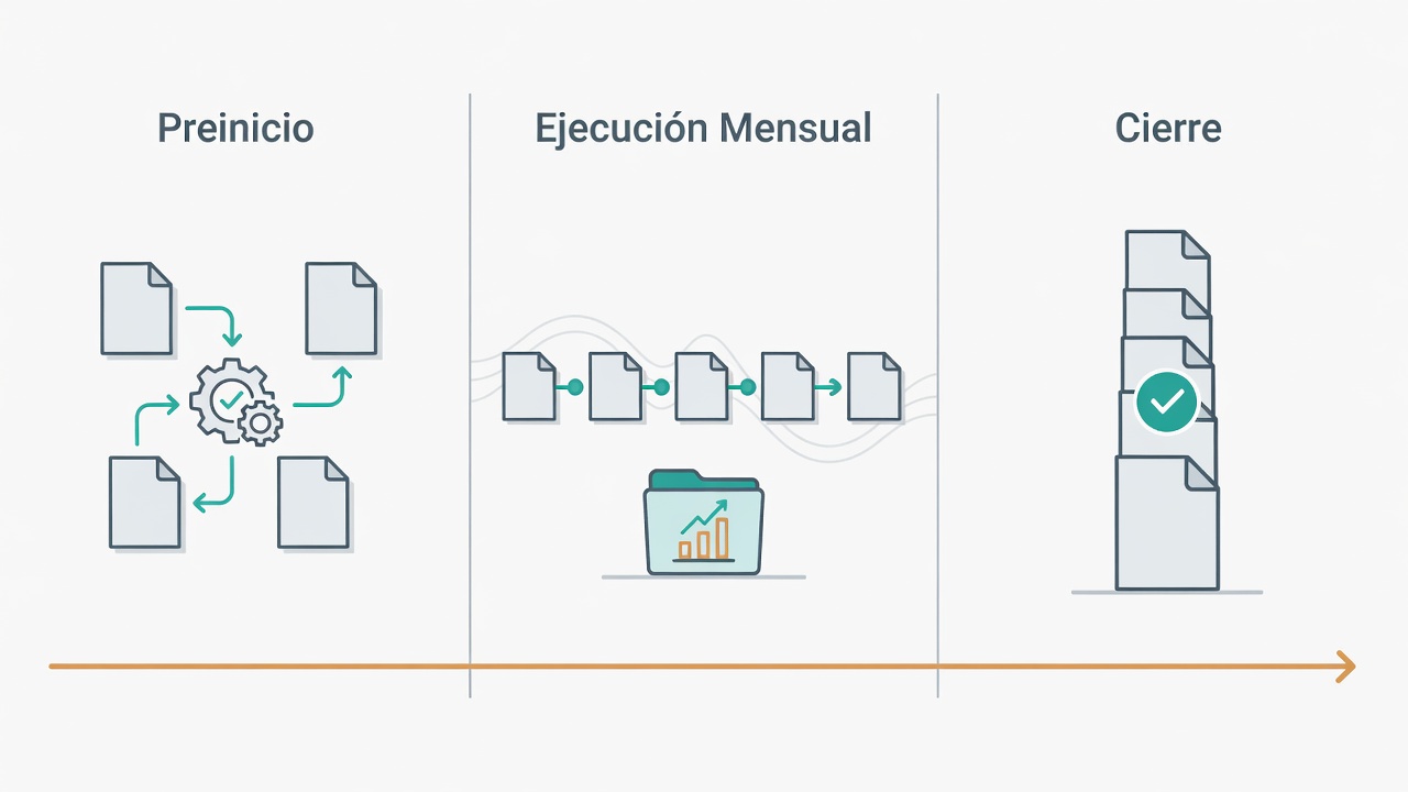 Secuencia de documentos de una empresa contratista antes, durante y después de un servicio.
