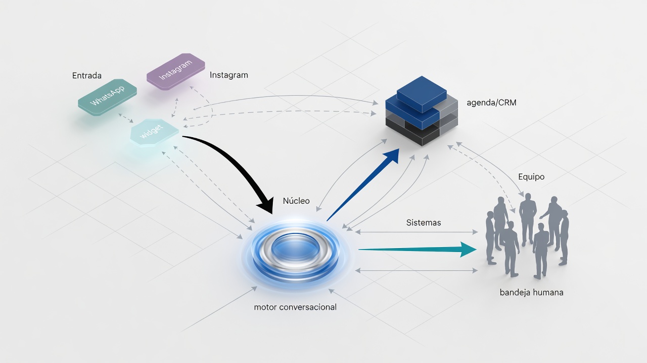 Arquitectura conceptual de un chatbot de reservas conectado con WhatsApp, agenda, CRM y atención humana.