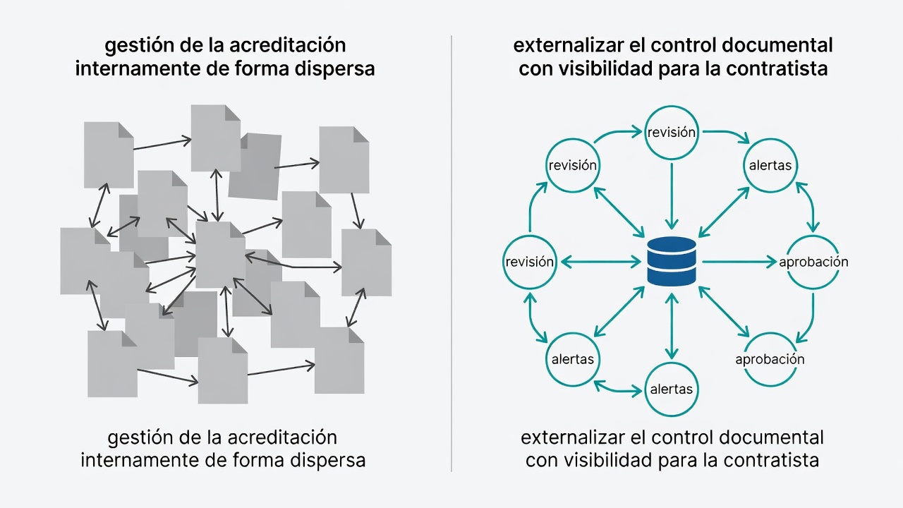 Comparación conceptual entre gestión documental interna dispersa y proceso externalizado con control y trazabilidad.