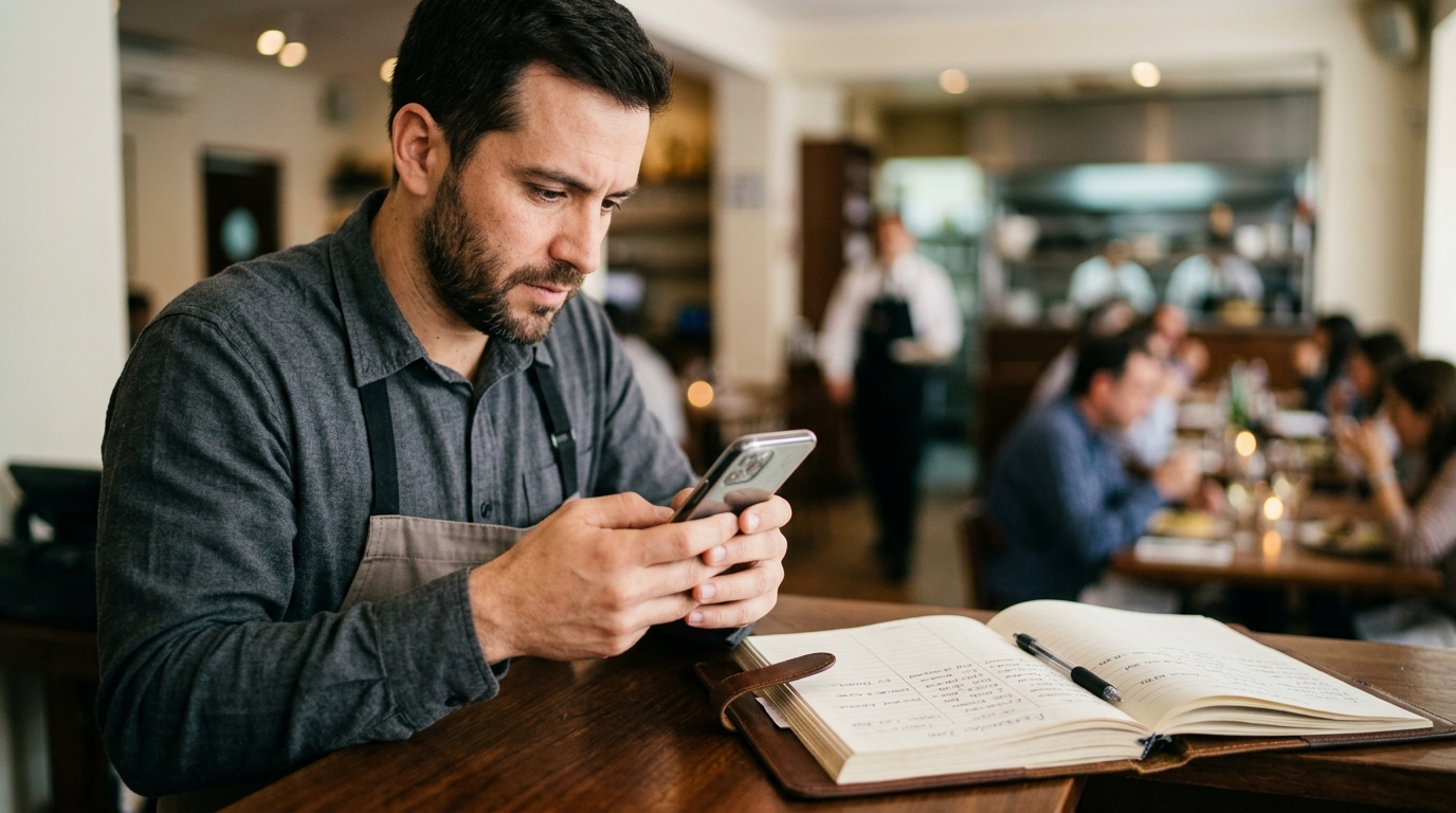 Encargado de un restaurante en Chile revisando reservas de WhatsApp junto a una agenda