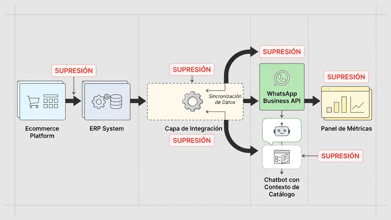 Arquitectura conceptual de una integración entre ecommerce, ERP, WhatsApp API y chatbot para recuperación de carritos.