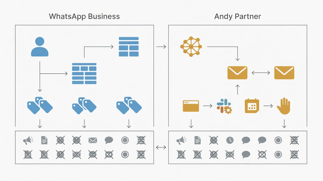 Comparación conceptual entre WhatsApp Business y las capacidades de Andy Partner